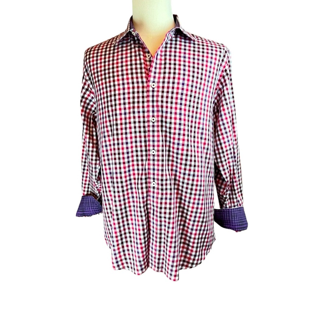 ROBERT GRAHAM Red Checked Gingham Shirt Men's Sz L Fold Back‎ Cuffs Long Sleeve